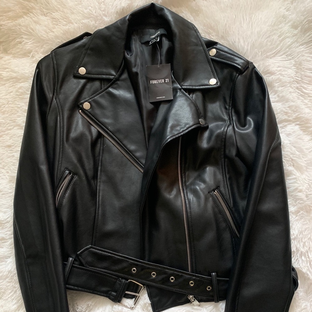Black faux leather moto jacket